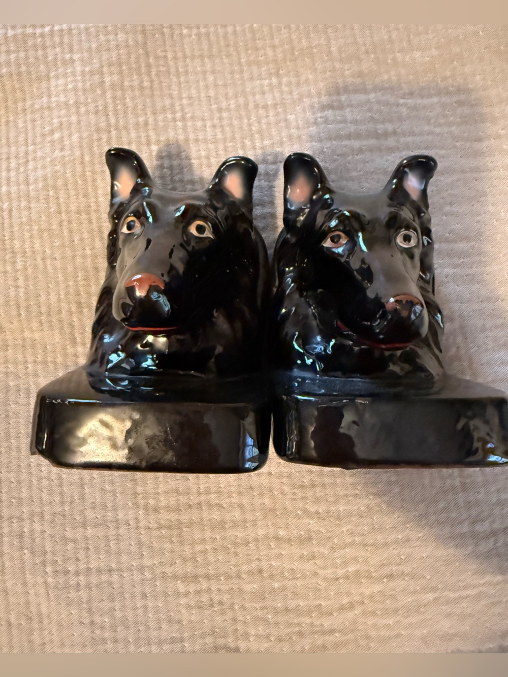 Vintage antique Dog Book Ends dark Academia Decor Black pup wales Japan redware